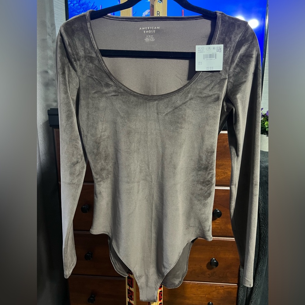 American Eagle Outfitters Taupe Velvet Long Sleeve Bodysuit